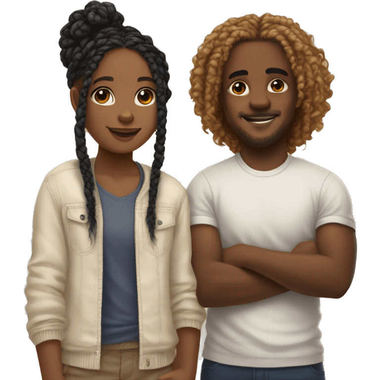 Realistic black girl with box braids and light skin boy with short curly hair and a short beard hugging emoji