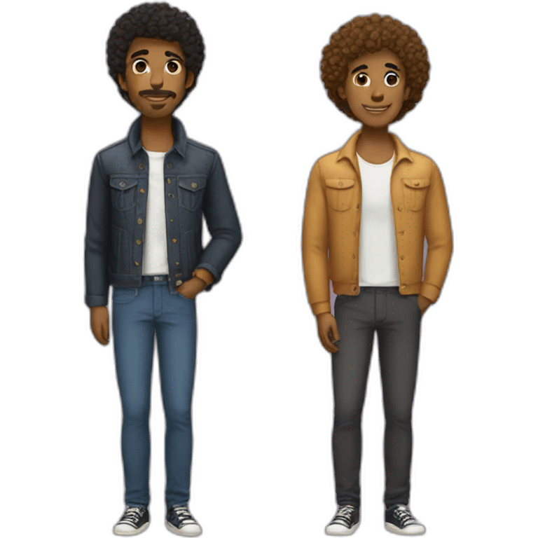 gay couple, one bold and tall, one with curly hair and short emoji