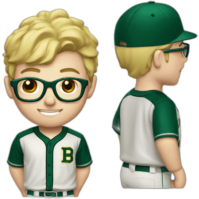 baseball card character. Blonde male. Short hair with glasses. Dark green uniform with har emoji