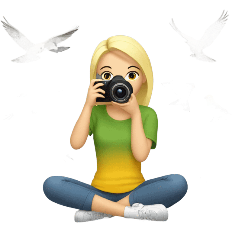 Blonde Girl sitting down with camera taking pictures of birds emoji