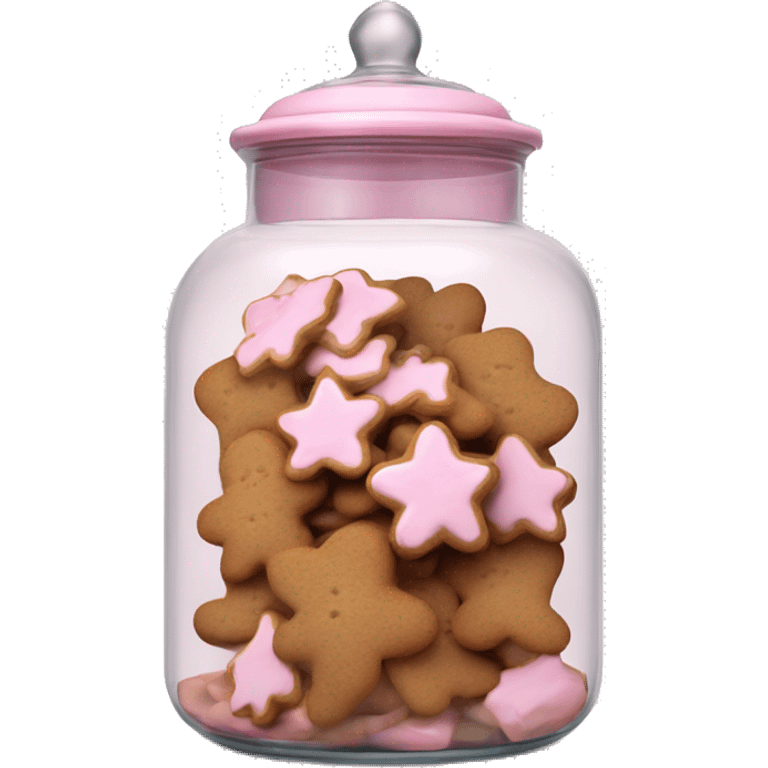 Realistic glass cookie jar with light pink lid full of gingerbread cookies isolated.  emoji