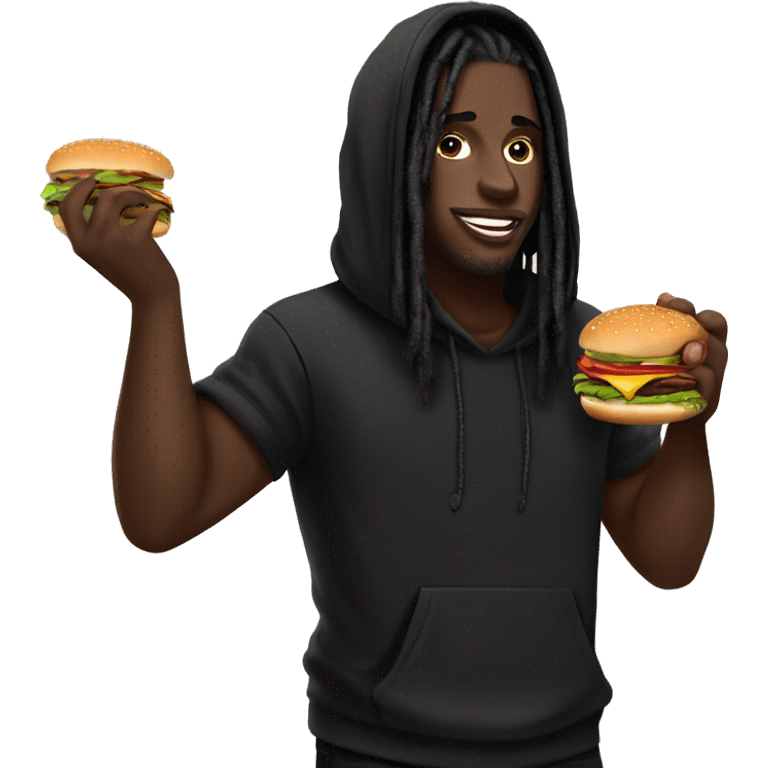 Wearing a black hoodie Dark skin black guy with black dreadlocks and big lips with make up on face eating a burger  emoji