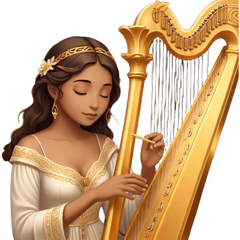 Cinematic Realistic Harp, a grand golden harp with intricately carved details, delicate strings shimmering under soft candlelight, rich wood tones adding warmth, a musician’s gentle fingers plucking a note, glowing with an ethereal and majestic aura. emoji