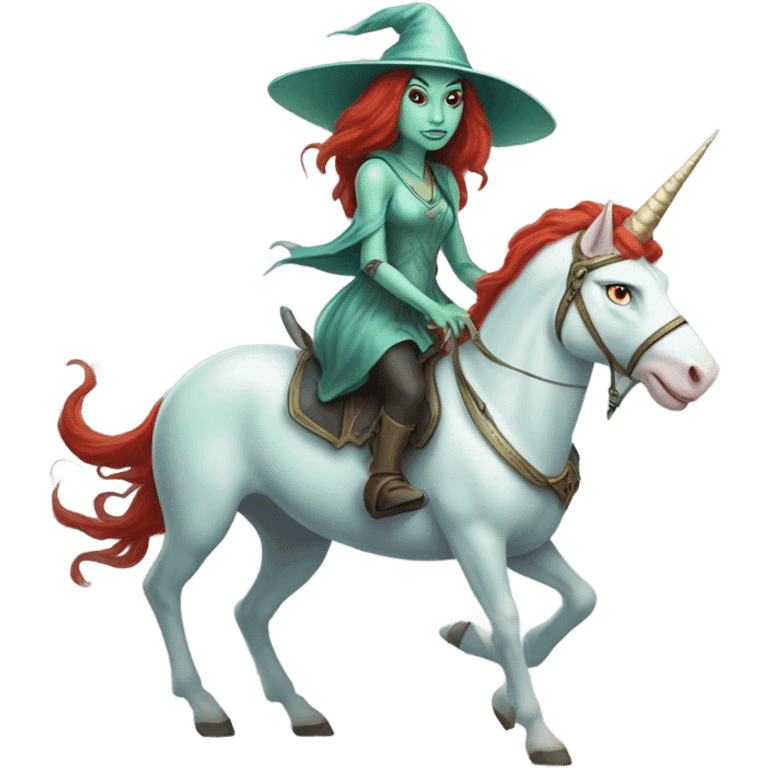 [politically incorrect, (
	{ female, alien, witch, color: light green, hair:red, eyes:cat} ]
	on a 
	[{ unicorn: white, legged:four, mane: light blue }]) emoji