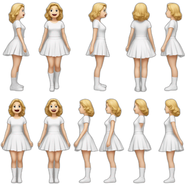 hyperrealistic-full-body-caucasian-curvy-beauty-jumping-small white-skirt-back-and-front-views-strong-wind-white knickers under skirt white socks emoji