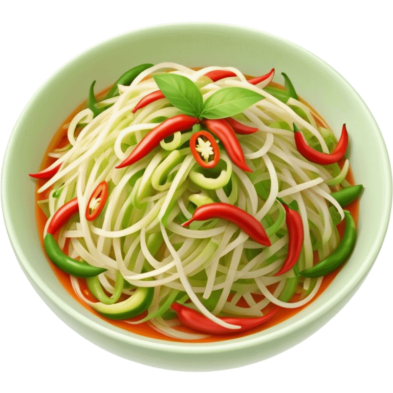 Cinematic Realistic Som Tam (Papaya Salad) Dish Emoji, featuring a spicy, tangy salad of shredded green papaya with chili and lime rendered with crisp textures and bright, lively lighting. emoji