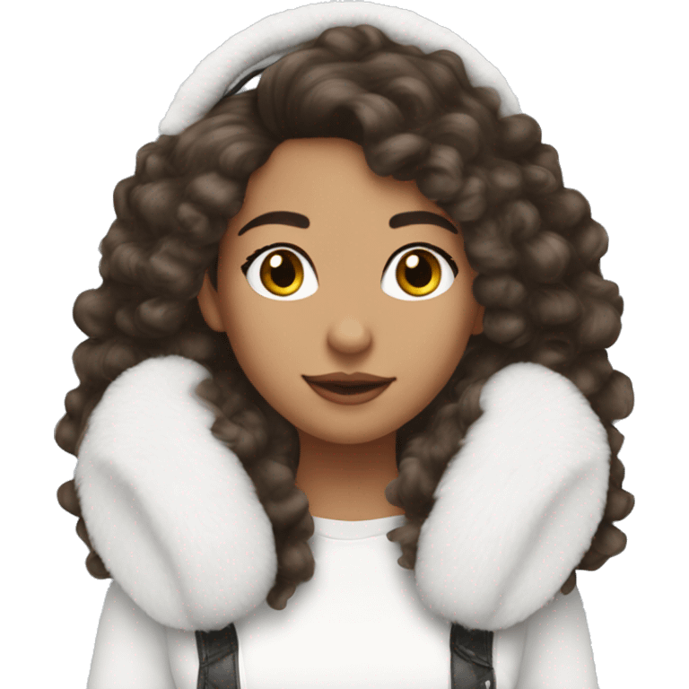 Brunette long  hair with curls pretty girl wearing white faux fur earmuffs  emoji