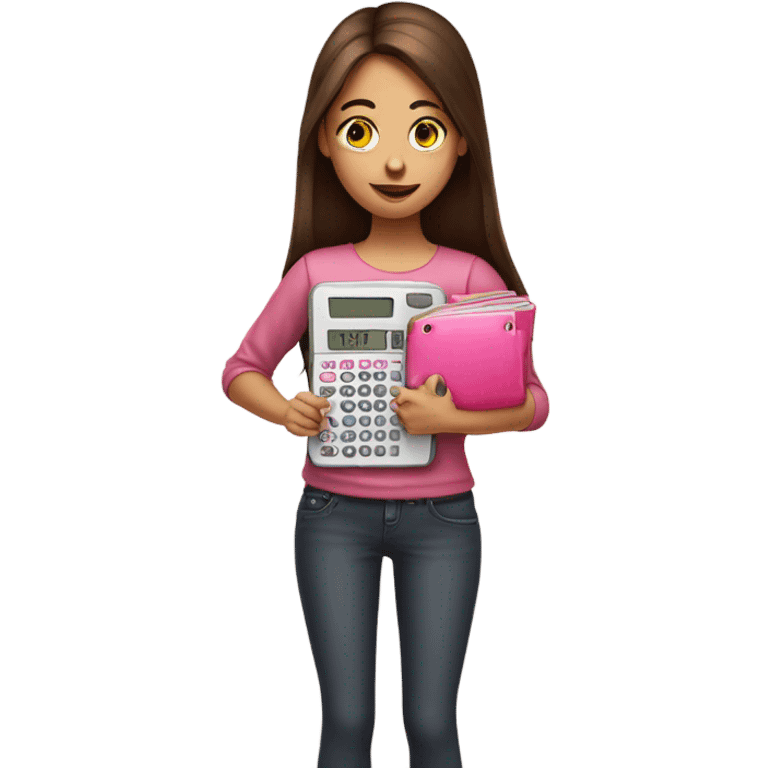 Pretty Girl with straight brown hair holding one pink calculator in her hand emoji