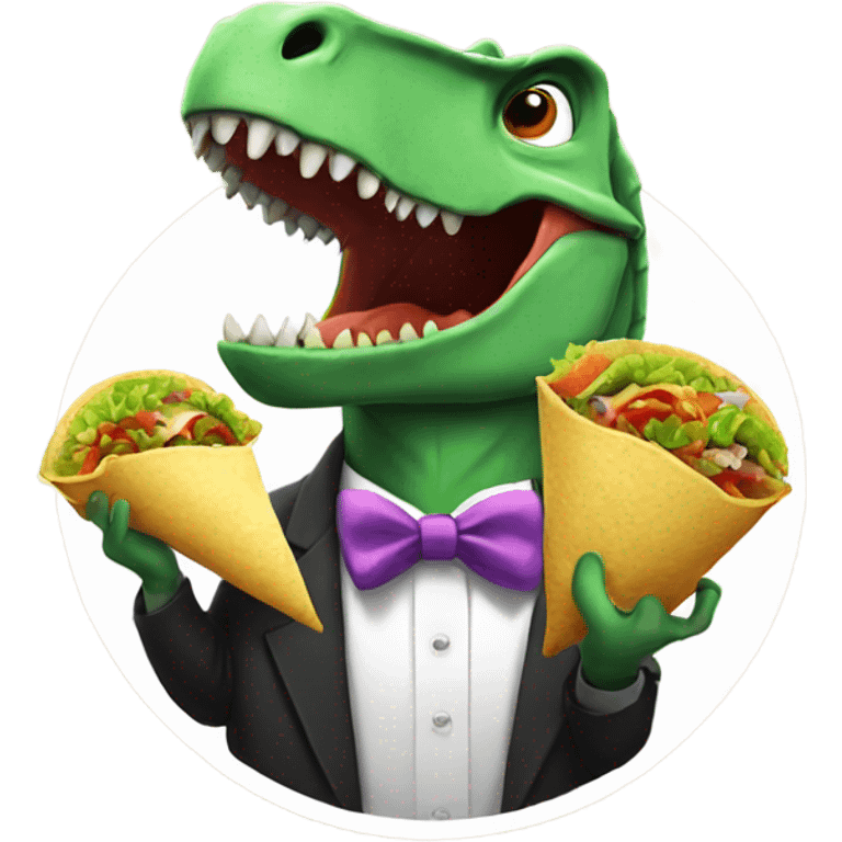 Dinosaur wearing bow tie while eating tacos emoji