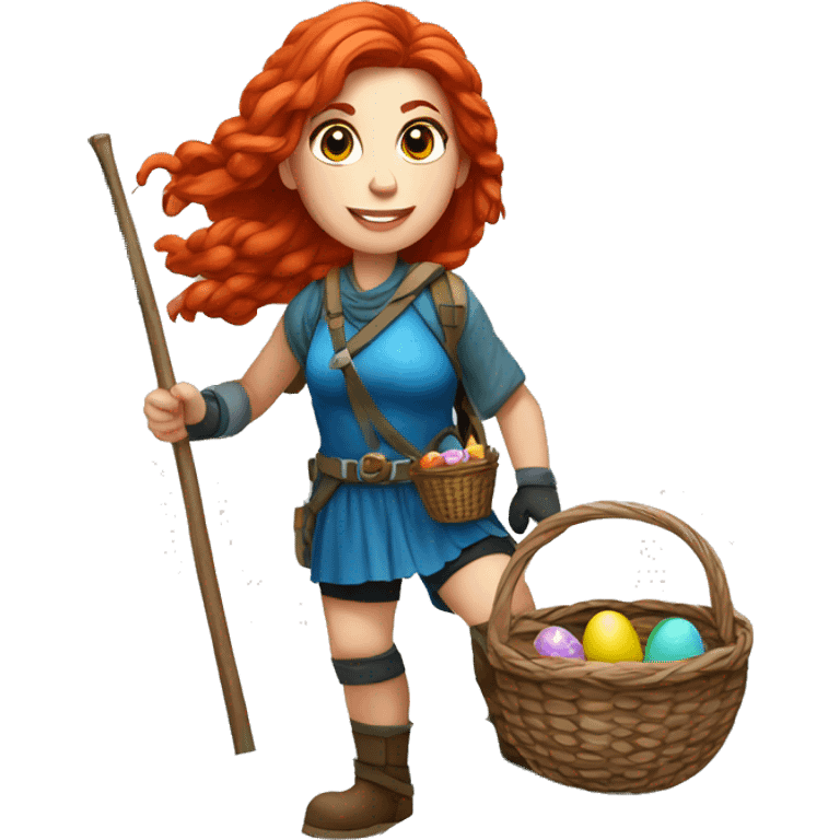 Greek Female winter mountaineer red hair white skin climbing with Greek Flag and Easter eggs basket emoji