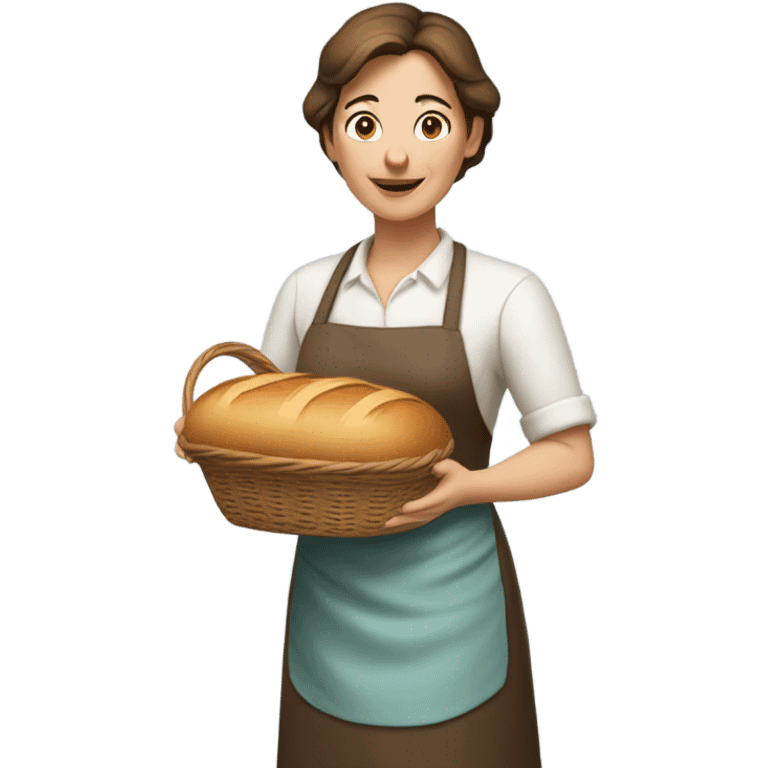 "A middle-aged woman with tired eyes, brown hair tied back, and a warm but worried look. She wears a simple dress with an apron, holding a loaf of bread or basket in a modest kitchen."mother emoji