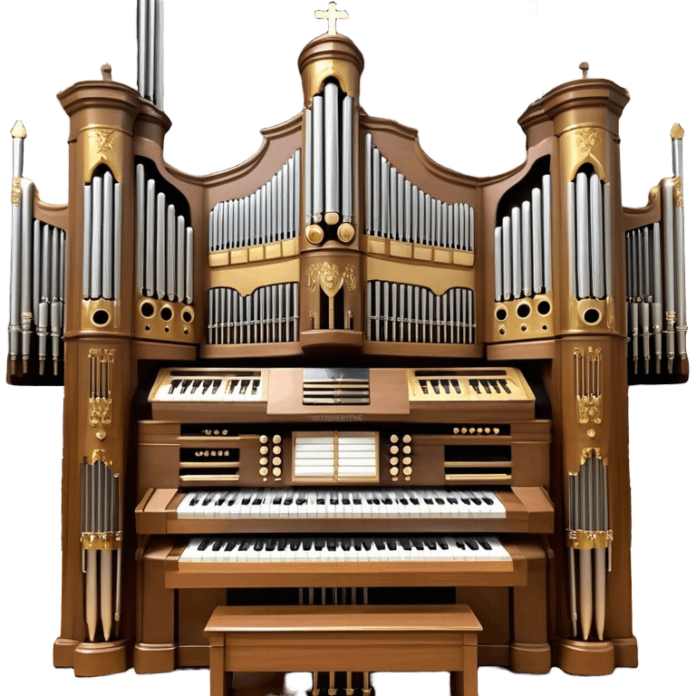 Create an elegant and majestic emoji representing a classical church organ. The emoji should feature the grand pipes of the organ in the background, with visible details of the keys and pedalboard in the foreground. The pipes should be tall and impressive, with a mixture of gold, silver, and metallic shades to emphasize the grandeur of the instrument. The keyboard and pedals should be well-defined, capturing the intricate craftsmanship of the organ. Use dark wood tones and gold accents for the body of the instrument to give it a rich, historic feel. Add subtle musical notes around the organ to evoke its deep, resonant sound. The background should be transparent. emoji