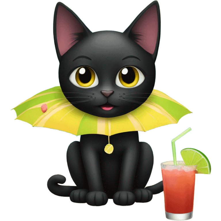 Black cat on the beach drinking a margarita  emoji