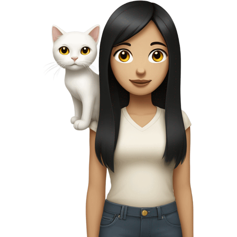 Girl with black straight hair white skin brown eyes holding white cat with yellow eyes emoji