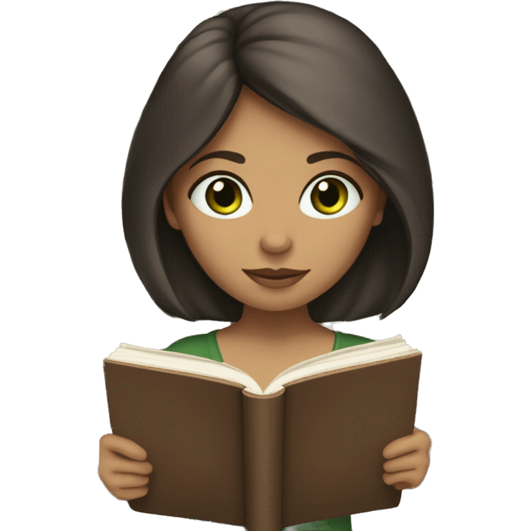 brunette straight chin length haired girl with beige skin tone and dark green eyes reading a book  emoji