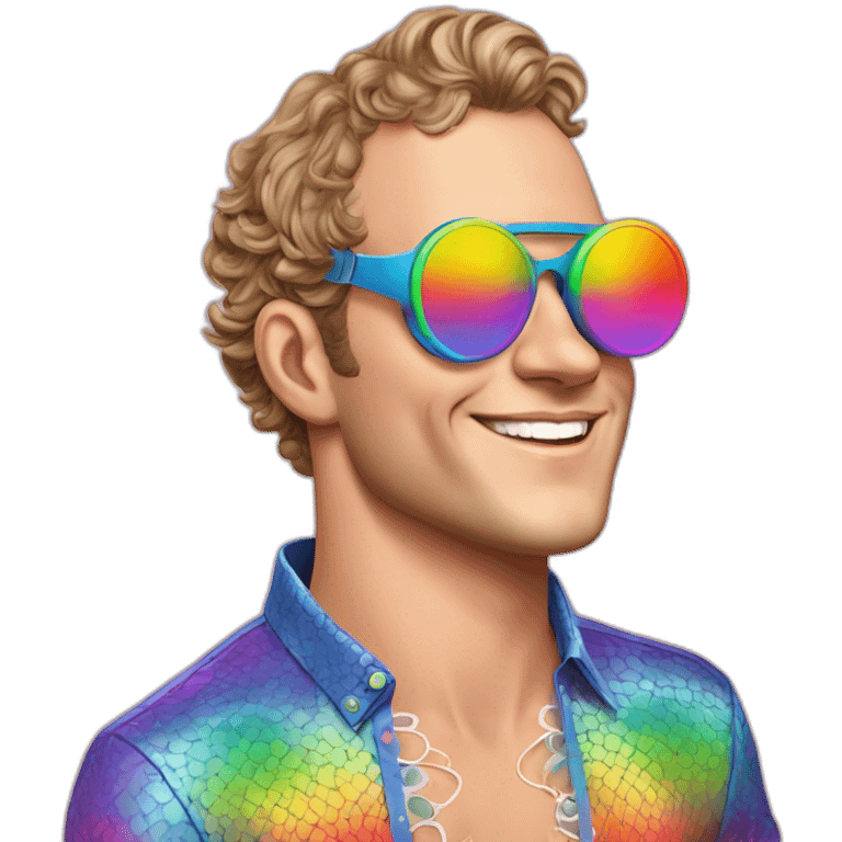 Fancy disco Jonathan Toews wearing rainbow lace shirt and wearing VR glasses and drinking a mimosa emoji