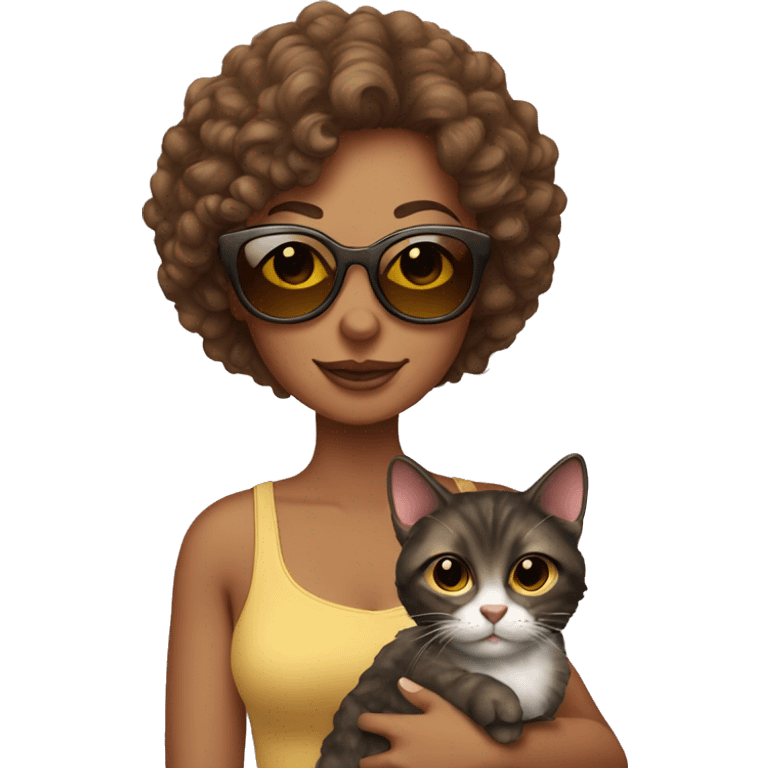 woman with a slight tan, curly hair and sunglasses holding a cat emoji