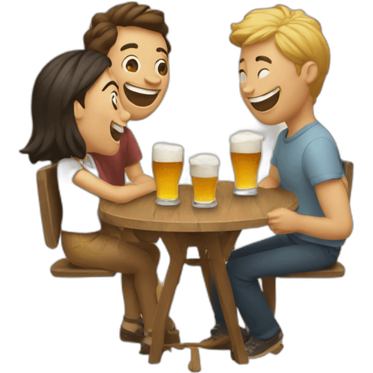 3 people laughing around a table with 3 small beers on it emoji