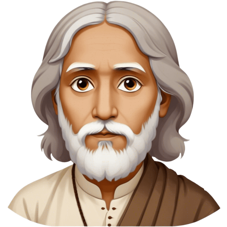 Rabindranath Tagore – Cinematic Realistic Portrait of Rabindranath Tagore, depicted with thoughtful, soulful eyes and gentle features, dressed in traditional Bengali attire with subtle artistic motifs, bathed in warm, soft lighting that evokes his poetic genius and timeless wisdom. emoji