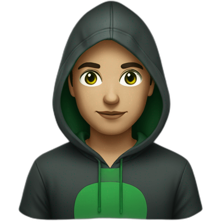 Programmer with dark fade haircut, dark green eyes without glasses in black hoodie emoji