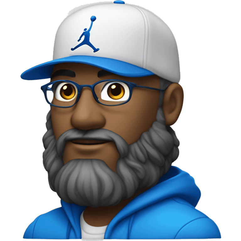 Homme de couleur blanche avec une petite barbe naissante portant des lunettes bleues , une casquette jordan bleu , un survêtement bleu emoji