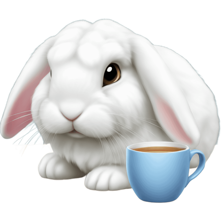 White mini lop rabbit drinking tea from a mug emoji