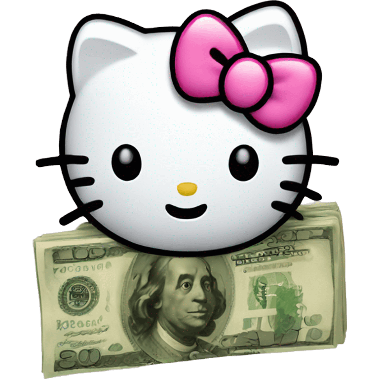 Hello Kitty using a stack of money as a phone emoji