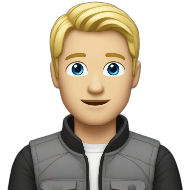 A blond man with blue-gray eyes is wearing a gray jacket and a black vest emoji