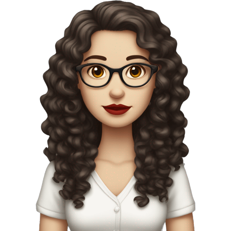 girl, dark brown hair, curly hair, glasses, dark brown eyes, pale skin, red lips, long hair, holding starbusk emoji