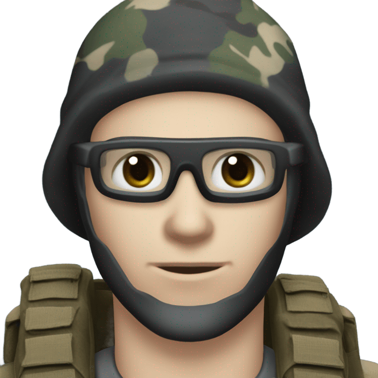 male, pale skin, call of duty black face mask, camo tactical gear, combat boots, black beanie, blue eyes emoji