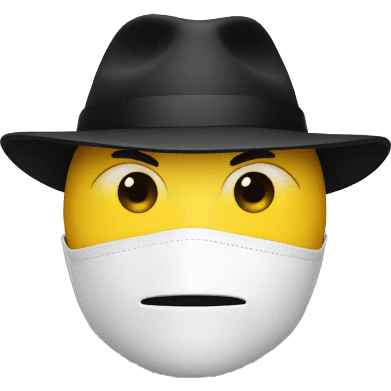  A person in a white mask with yellow eyes, no mouth, no ears, serious look and a black hat emoji