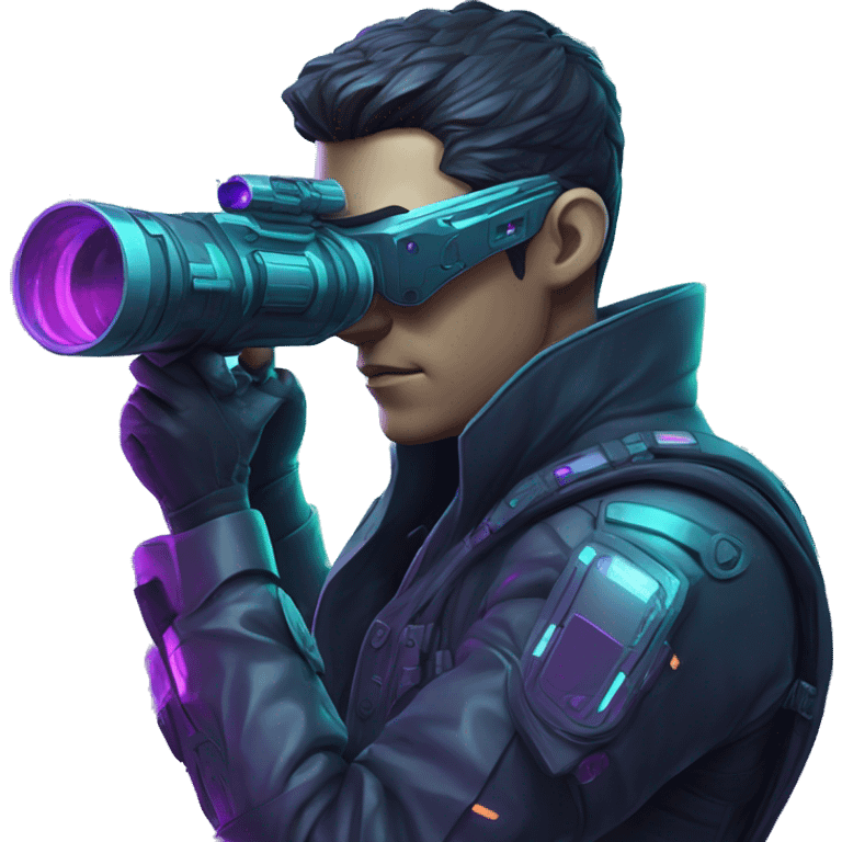 Secret human agent with  cyberpunk elements with a spyglass scanning looking reviewing multicolor lines of code, cyan and purple colors, only upper body portrait emoji