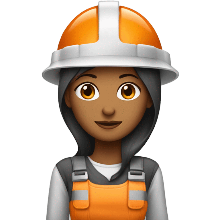 MUJER CON CABELLO CATAÑO INGENIERA EN MINERIA CON CASCO DE SEGURIDAD BLANCO Y MAMELUCO NARANJA emoji