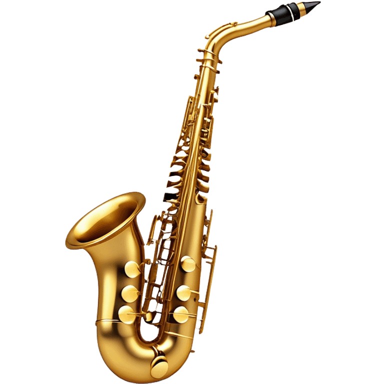 Create a sleek and sophisticated emoji representing a saxophone. The design should feature the shiny, golden body of the saxophone, with its smooth curves and metal keys clearly visible. Include subtle details like the mouthpiece with the reed and the bell at the end of the instrument. The keys should be delicately arranged, capturing the intricacy of the instrument. Use warm golden tones for the saxophone and add small musical notes floating around to evoke the smooth, soulful sound of the saxophone. The background should be transparent. emoji