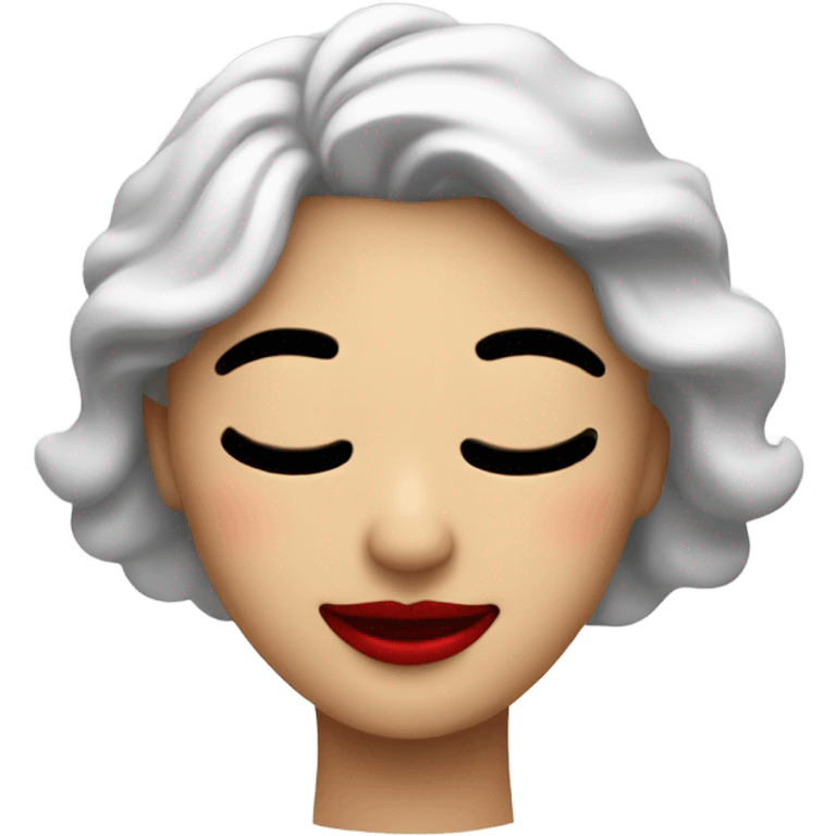 happy woman with closed eyes. Red lips and red gloves emoji