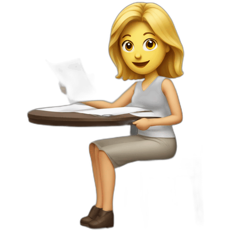 White woman sitting on chair near table with document on hand emoji