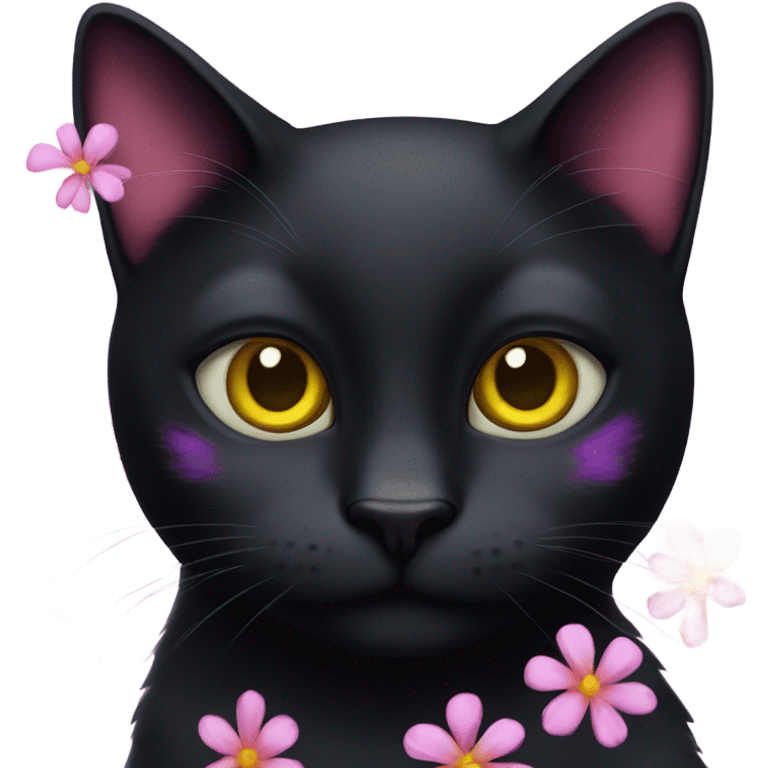 Black cat yellow eyes with pink and purple flowers  emoji