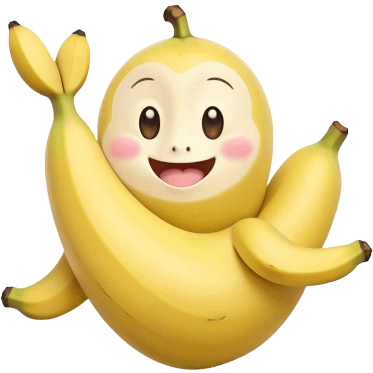 Cute Kawaii Banana, slightly curved, soft pastel yellow, cute giggling face with big round eyes, tiny arms waving happily, a peeled section revealing a smiling expression! emoji