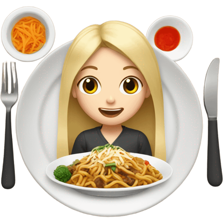  Blonde long hair girl eating Korean food emoji