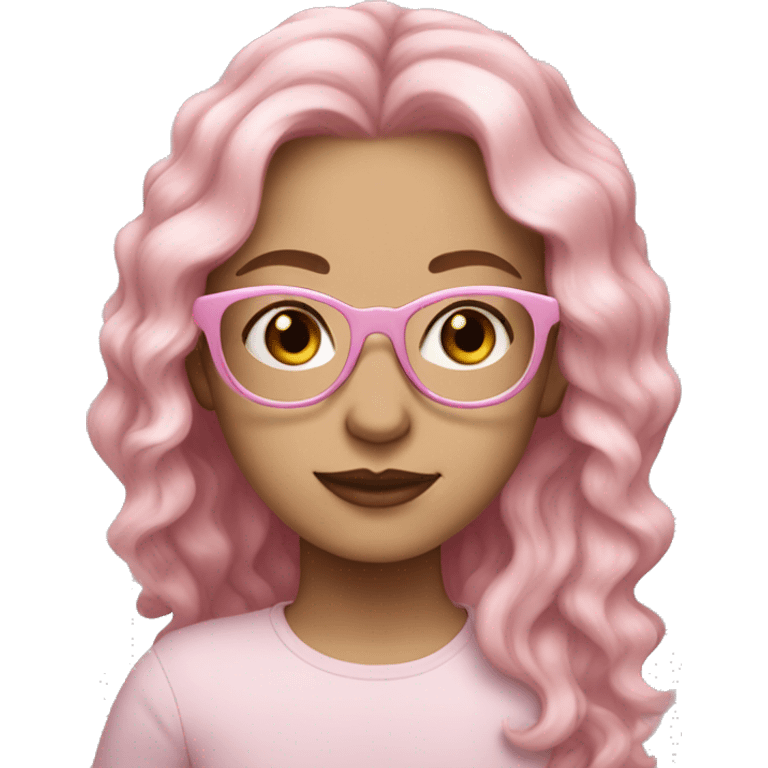 White girl with pastel pink long wavy hair and round pastel pink glasses and brown eyes emoji