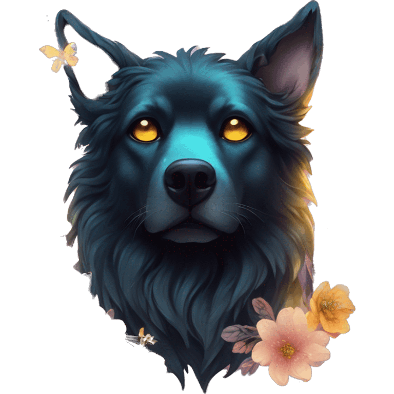 Black iridescent fluffy dog fox head zombie skull skeleton gold mechanical nebula galaxy stars colorful flowers fairy lights vintage emoji