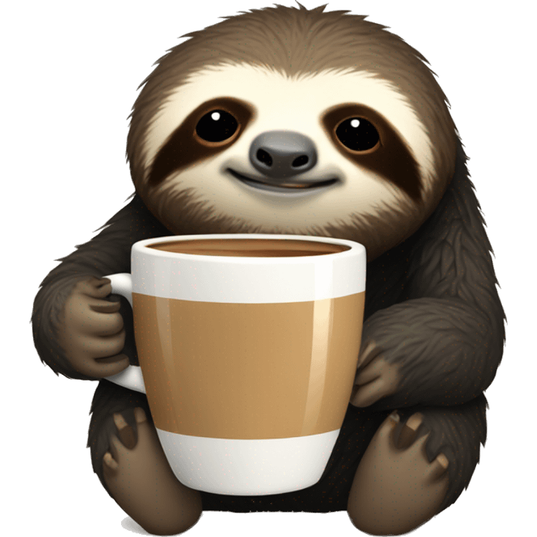 Cute sleepy Sloth in black turtleneck with coffee mug simple ios emoji