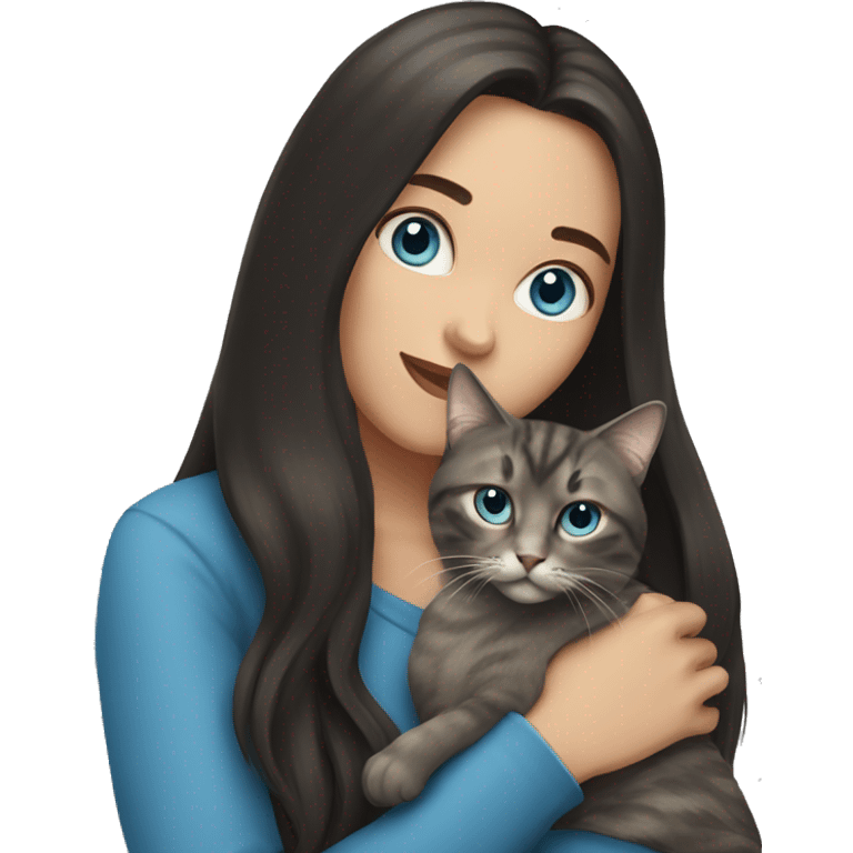 Woman with dark long hair and blue eyes holding a tabby cat  emoji