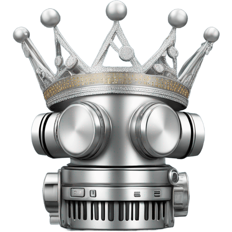 A regal crown made of microphones, cameras, and headline elements, glowing in platinum with dynamic accents, symbolizing five years of unparalleled loyalty emoji