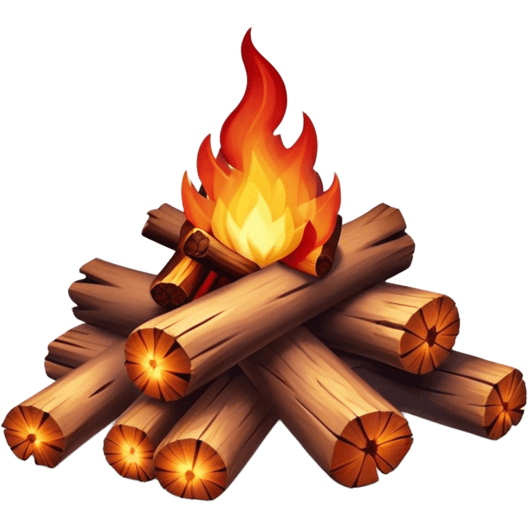 Cinematic Realistic Campfire, a roaring flame crackling atop carefully arranged logs, embers glowing deep red, golden light casting soft flickering shadows, gentle smoke drifting upwards, glowing with warmth and coziness. emoji