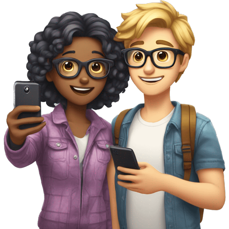 Nerd shy boy taking selfie with cool girl bestie  emoji