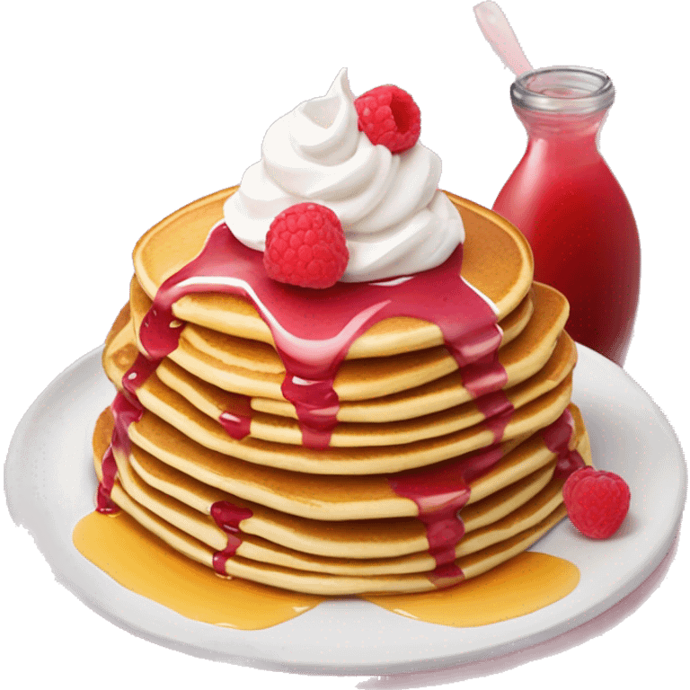 Pancakes with fruits whipped cream and pink raspberry sauce and syrup  emoji