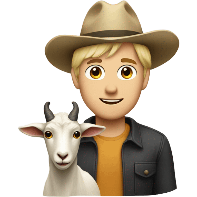 Blonde man in a hat standing behind a goat emoji