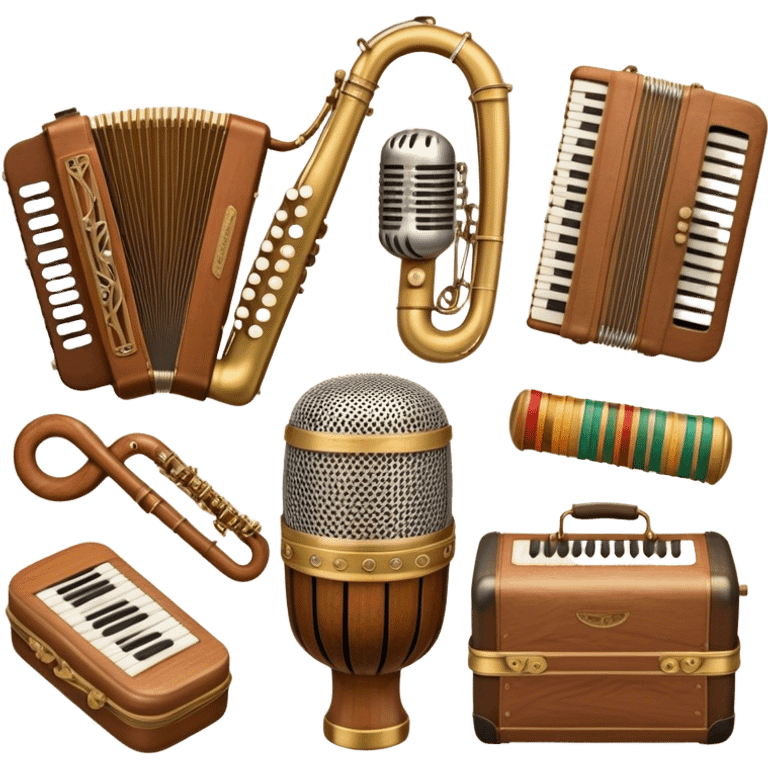 Create a colorful and cultural humanless emoji representing folk singing. The design should feature a collage of flowing design around a vintage microphone and traditional folk instruments, such as a wooden flute (dudka), a button accordion (harmon), a set of gusli, and a tambourine (buben), all arranged in a harmonious. The instruments should have earthy, natural tones like wood browns, brass accents, and vibrant colors reflecting their folk origins. Add subtle musical notes to tie the elements together, symbolizing the power of folk music. The background should be transparent. emoji