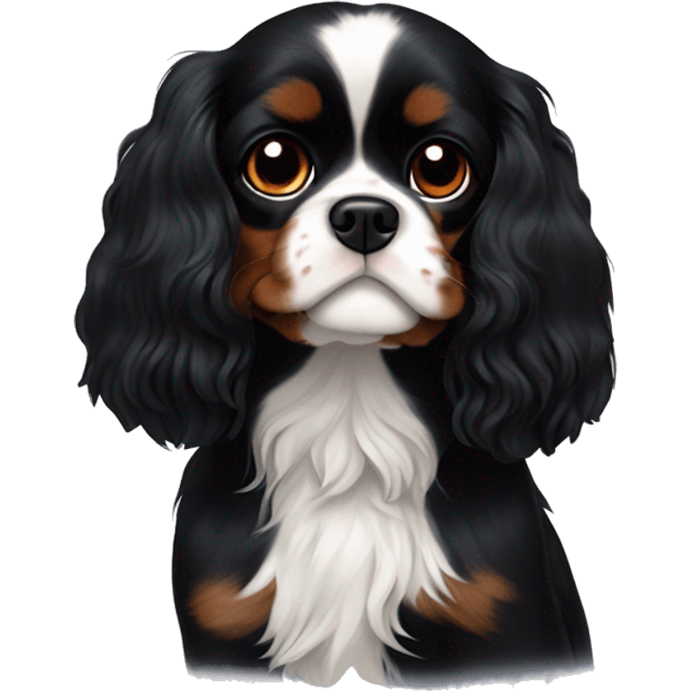 Small completely black Cavalier King Charles spaniel with black fur on his whole face and white fur on chest emoji